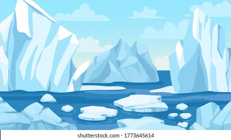 Cartoon arctic landscape. Icebergs, blue pure water glacier and icy cliff snow mountains. Greenland polar nature panoramic vector background. Winter scene with hills and melting ice
