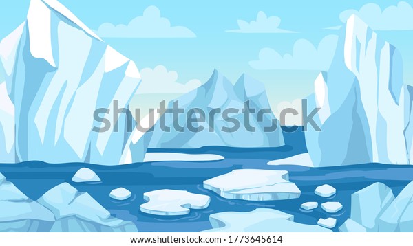 Cartoon arctic\
landscape. Icebergs, blue pure water glacier and icy cliff snow\
mountains. Greenland polar nature panoramic vector background.\
Winter scene with hills and melting\
ice