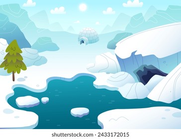 Cartoon arctic landscape. Northern stylized vector background. Polar day empty background. svg