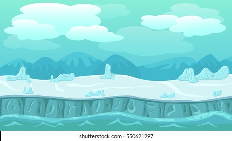 cartoon arctic landscape, unending background with ice, snow hills and cloudy sky for games
