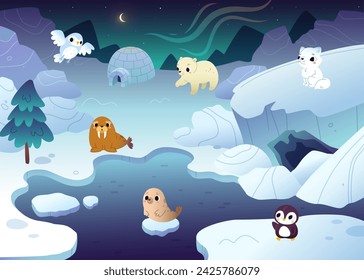 Paisaje nocturno ártico de dibujos animados con lindos animales bebés. Fondo del vector del norte con animales divertidos.