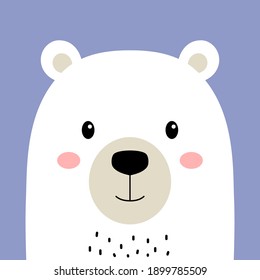 cartoon arctic polar animal, cute white bear on violet background, Flat design, vector Illustration