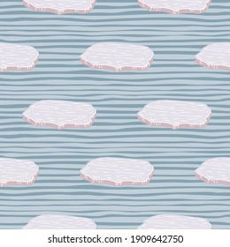 Cartoon arctic seamless pattern with light ice floe silhouettes. Blue striped background. Snow print. Designed for fabric design, textile print, wrapping, cover. Vector illustration