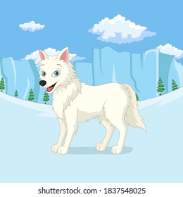 Cartoon arctic wolf stands in the winter forest