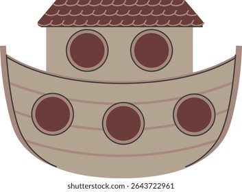 Uma arca de desenho animado é retratada com um estilo simples e plano com um casco marrom e um telhado vermelho.  A embarcação mostra vigias e tábuas em uma estrutura de madeira. Ilustração de vetor de desenhos animados