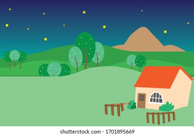 Cartoon arm house in a farmland with trees, fence, mountain