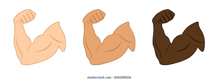 Cartoon Arm Muscle Set. Muscles And Strength Hands Gym. Bodybuilder Biceps Flex Arms Symbol. Emoji Of Strong Bicep Icon. Sport, Fitness, Workout, Gym Club Logo. Vector Illustration