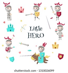 Cartoon armored knight on horseback with lance, standing with shield, sword. Vector illustration isolated on white background. Little boy hero in medieval knight costume with flowers, gift box, guitar