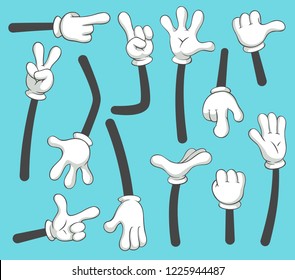 Cartoon Arms. Doodle Gloved Pointing Hands, Different Human Point Arm, Comic Parts In Gloves Or Outline Armed Finger Hand Gestures In Glove. Vintage Vector Isolated Illustration Icons Set