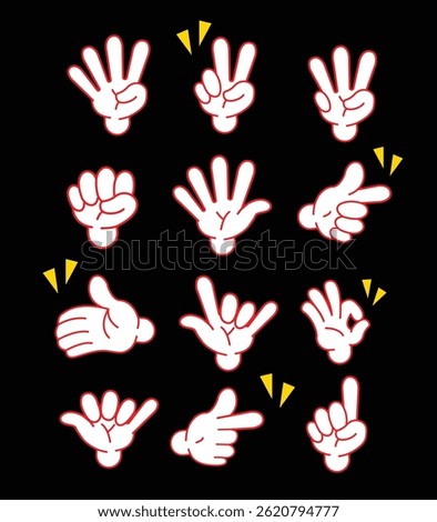 Cartoon arms with four and five fingers in white gloves with various gestures, cartoon character body parts. Isolated vector set. Gesture hand finger count, thumb gesturing illustration. Red outline