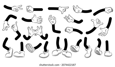 Brazos y piernas de dibujos animados. Piezas del cuerpo humano Doodle. Manos y pies de personaje en guantes y botas blancas. Colección de gestos o expresiones de recorte de límites. Conjunto de muñecas vectoras y pares de lenguados