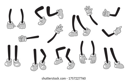 Cartoon arms and legs set. Cute palms in gloves showing different gestures and feet in various positions and actions. Vector illustration for artwork, gesturing, comics, communication concept
