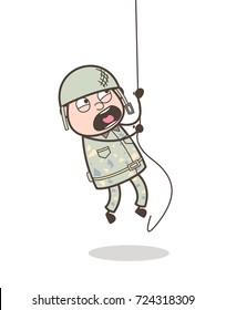 Cartoon Army Man Climbing Rope in Training Vector Illustration