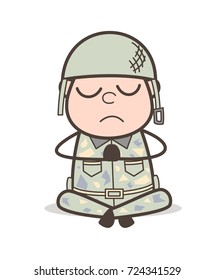 Cartoon Army Man Doing Concentration in Yoga Vector Illustration