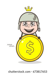 Cartoon Army Man With Dollar Coin Vector Illustration