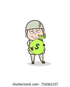 Cartoon Army Man Holding A Money Bag Vector Illustration