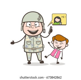 Cartoon Army Man with Kid Making Fun on Call Vector Illustration