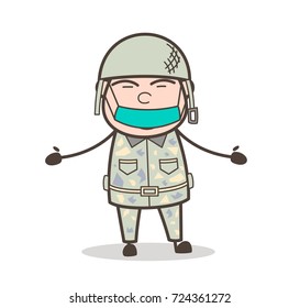 Cartoon Army Man with Pollution Face Mask Vector Illustration