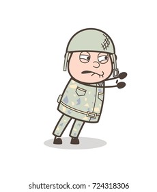 Cartoon Army Man Pushing Expression Vector Illustration