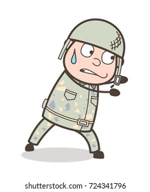 Cartoon Army Man Pushing Pose Vector Illustration