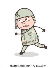 Cartoon Army Man Running in Aggression Vector Illustration