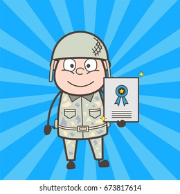 Cartoon Army Man Showing Award Certificate Vector Illustration
