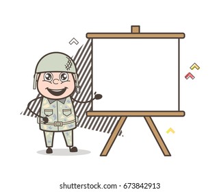 Cartoon Army Man Showing Blank Canvas Board Vector Illustration