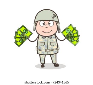 Cartoon Army Man Showing Money Vector Illustration