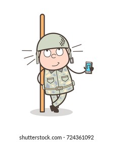 Cartoon Army Man Showing Music Device Vector Illustration