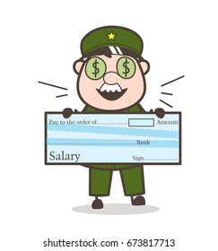 Cartoon Army Man Showing Salary Cheque Vector Illustration