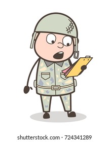 Cartoon Army Man Surprised After Reading Notes Vector Illustration