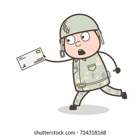 Cartoon Army Officer Running to Deliver the Letter Vector Illustration