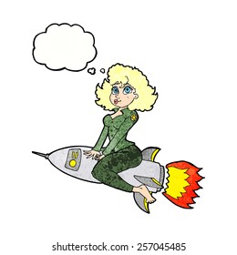 cartoon army pin up girl riding missile] with thought bubble