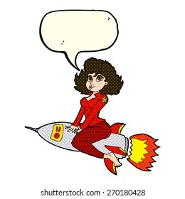 cartoon army pin up girl riding missile with speech bubble