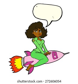 cartoon army pin up girl riding missile with speech bubble