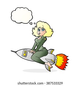 cartoon army pin up girl riding missile] with thought bubble