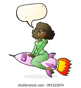 cartoon army pin up girl riding missile with speech bubble