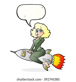 cartoon army pin up girl riding missile] with speech bubble