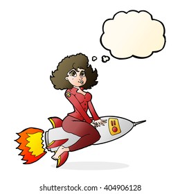 cartoon army pin up girl riding missile with thought bubble