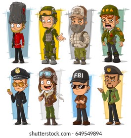 Cartoon Army Soldier Policeman Secret Agent And Pilot Character Vector Set