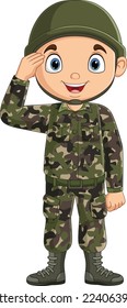 Cartoon army soldier saluting on white background