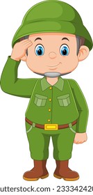 Cartoon army soldier saluting on white background of illustration