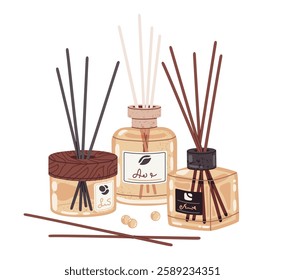 Cartoon aroma diffusers. Aromatherapy diffuser jars with bamboo sticks, home perfume essential oils and scented liquids flat vector illustration. Cozy interior aromatic diffusers