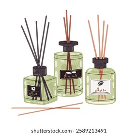 Cartoon aroma diffusers. Interior fragrance aromatic diffusers with bamboo sticks, home perfume liquids and essential oils flat vector illustration. Aromatherapy diffuser glass jars