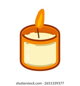 Cartoon Aromatic Candle Illustration. Warm glowing candle in a stylish glass jar, perfect for cozy home moments, seasonal decor, and self-care rituals. Illustration with a peaceful mood.