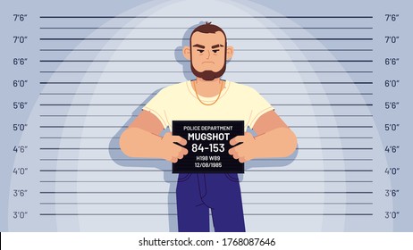 Cartoon arrested gangster mugshot. Arrested criminal holds board for identification, photo in police station, suspect profile vector concept. Robber, thief posing on measuring height scale background