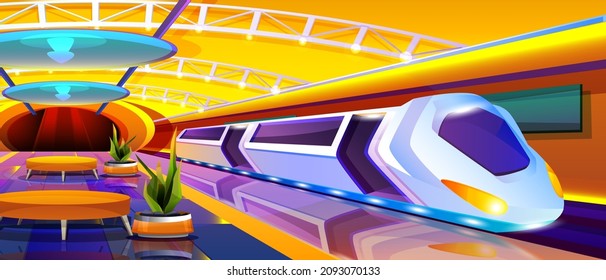 Cartoon arriving futuristic train in metro station. Modern underground interior with empty subway platform, seats for passengers and exit. Unusual public railway. Railroad urban transportation.