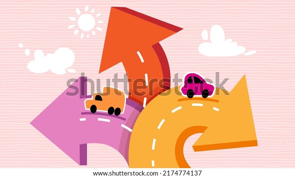Cartoon Arrow directions\
on roads with toy cars. Kids travel game background. Vector\
illustration.