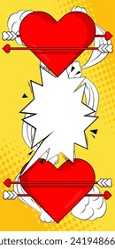 Cartoon Arrow Heart and speech bubble sign, comic book Valentine's Day Symbol. Retro vector comics pop art design.
