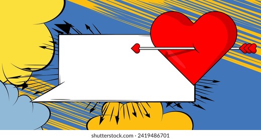 Cartoon Arrow Heart and speech bubble sign, comic book Valentine's Day Symbol. Retro vector comics pop art design.